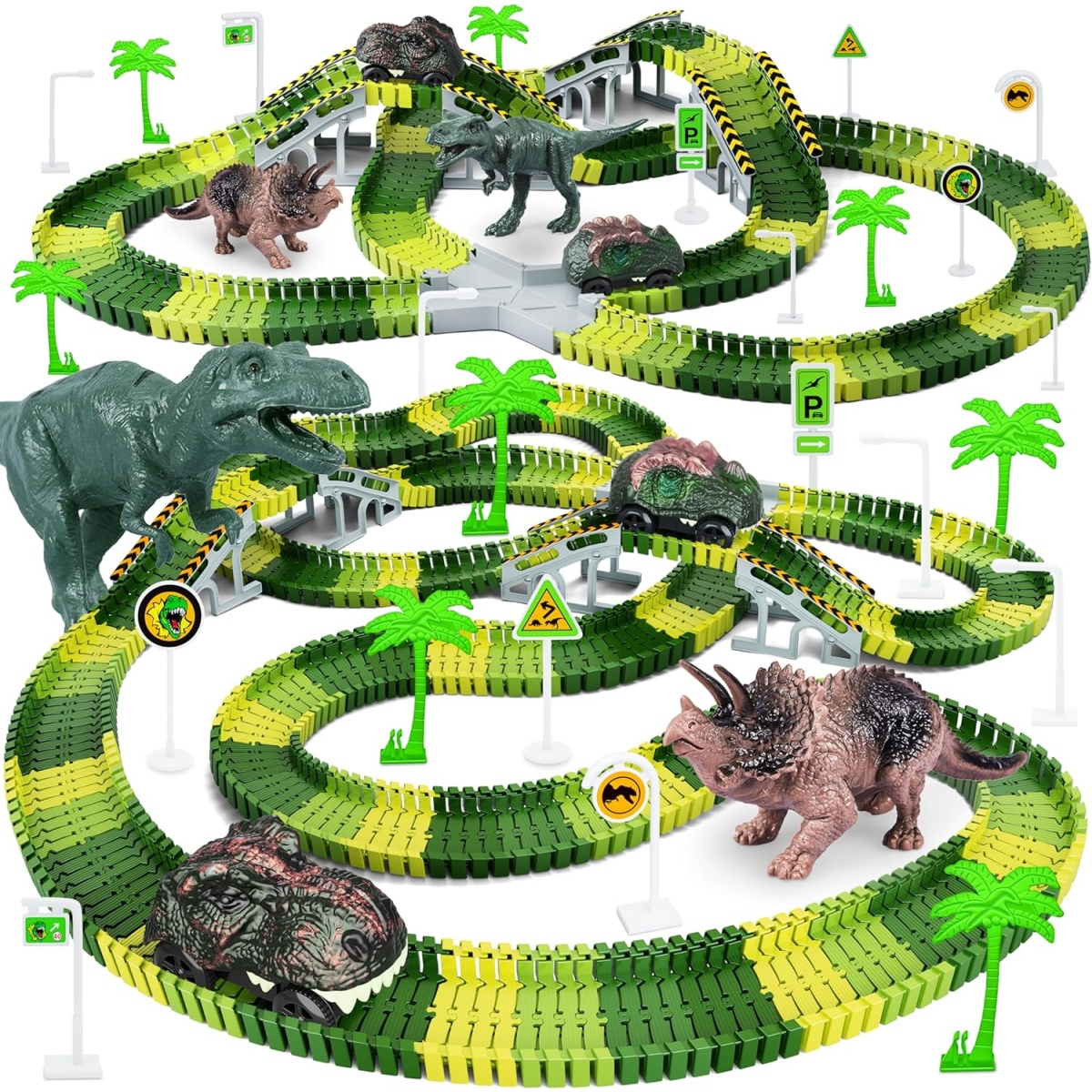 Toyk Dinosaur Toys, 156pcs Create A Dinosaur World Road Race, Flexible Track Playset and 2 pcs Cool Dinosaur car for 3 4 5 6 Year & Up Old boy Girls Best Gift